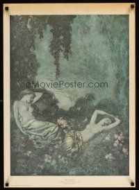 9w129 TWO MAIDENS 21x29 art print '80s Edmund Dulac art of nudes by water!
