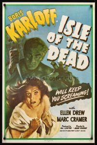 9w295 ISLE OF THE DEAD commercial poster '71 Boris Karloff & Ellen Drew in buried-alive horror!