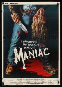9w438 MANIAC video special 19x27 '80 classic gory Gaia horror art of killer holding severed head!