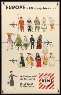 9w550 EUROPE - SO MANY FACES KLM Dutch travel poster '60s Royal Dutch Airlines, cool art of people!