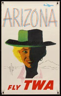 9w514 FLY TWA ARIZONA travel poster '60s cool cowgirl artwork & airplane by Austin Briggs!