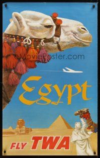 9w515 FLY TWA EGYPT travel poster '60s David Klein art of camel & pyramids!