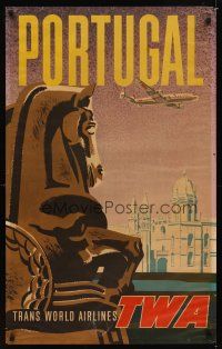9w520 TRANS WORLD AIRLINES PORTUGAL travel poster '50s art of Lockheed Constellation & monastery!