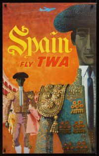 9w522 FLY TWA SPAIN travel poster '60s David Klein art of matadors in ring!
