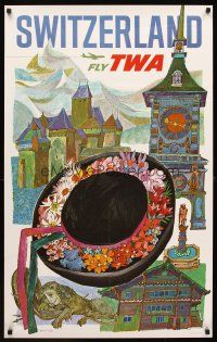 9w524 FLY TWA SWITZERLAND travel poster '70s wonderful art of hat & buildings!