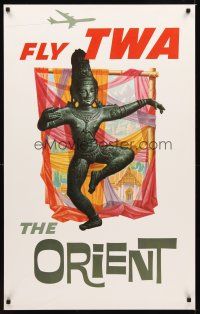 9w525 FLY TWA THE ORIENT travel poster '60s cool Asian statue artwork!