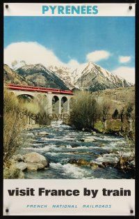 9w647 FRENCH NATIONAL RAILROADS French travel poster '73 train on bridge over river in Pyrenees!
