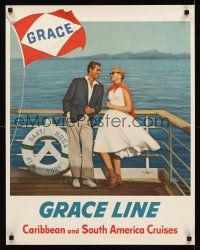 9w626 GRACE LINE CARIBBEAN & SOUTH AMERICAN CRUISES travel poster '60s happy couple on deck!