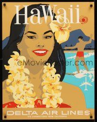 9w498 HAWAII DELTA AIRLINES heavy stock travel poster '60s art of woman in flowers & surfer!