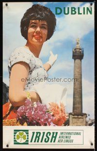 9w592 IRISH INTERNATIONAL AIRLINES DUBLIN Irish travel poster '60s Dublin, pretty woman & monument
