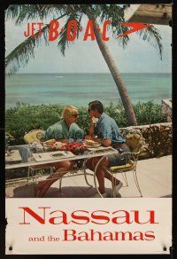 9w629 JET B.O.A.C NASSAU & THE BAHAMAS travel poster '60s image of couple eating at seaside!