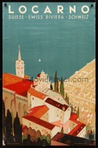 9w621 LOCARNO Swiss travel poster '44 wonderful art of church & city on the Swiss Riviera!