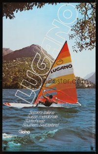 9w622 LUGANO Swiss travel poster '90s cool image of man on sailboard in lake!