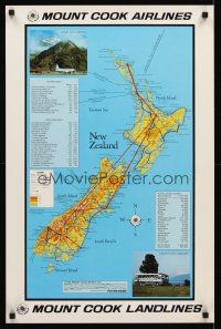 9w604 MOUNT COOK AIRLINES/MOUNT COOK LANDLINES New Zealand travel poster '70s cool map & photos!