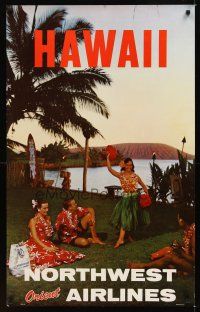 9w631 NORTHWEST ORIENT AIRLINES HAWAII travel poster '60s great image of luau!