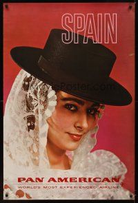 9w507 PAN AMERICAN SPAIN travel poster '60s great image of pretty Spainiard in hat!