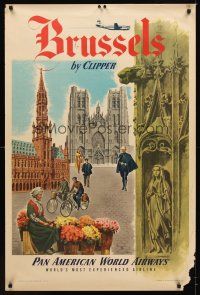 9w509 PAN AMERICAN WORLD AIRWAYS BRUSSELS travel poster '51 cool art of churches & statues!