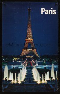 9w575 PARIS travel poster '60s cool image of Eiffel Tower & fountains at night!