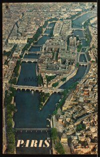 9w579 PARIS French travel poster '60s wonderful aeriel photo of city & Seine River!