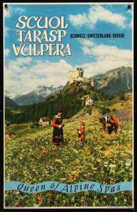 9w623 SCUOL TARASP VULPERA Swiss travel poster '60s Queen of Alpine spas, Tarasp Castle!