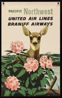 9w528 UNITED AIR LINES/BRANIFF AIRWAYS PACIFIC NORTHWEST travel poster '60s Galli art of deer!