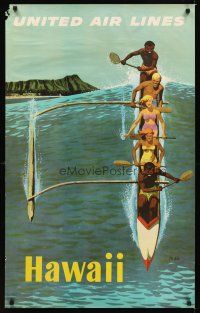 9w530 UNITED AIRLINES HAWAII travel poster '60s Stan Galli art of people in outrigger canoe!