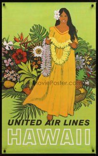 9w531 UNITED AIRLINES HAWAII travel poster '60s Stan Galli art of pretty woman in dress & lei!