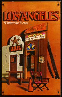 9w532 UNITED AIRLINES LOS ANGELES travel poster '70 cool image of western movie set!