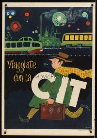 9w599 VIAGGIATE CON LA CIT Italian travel poster '62 cool art of man at railway with luggage!