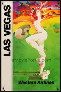 9w539 WESTERN AIRLINES LAS VEGAS travel poster '80s sexy showgirl, gambling & golf!