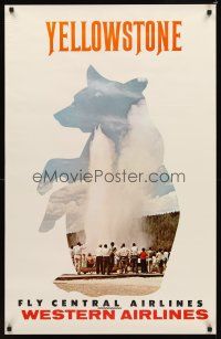 9w541 WESTERN/CENTRAL AIRLINES YELLOWSTONE travel poster '60s geyser in cool silhouette of bear!