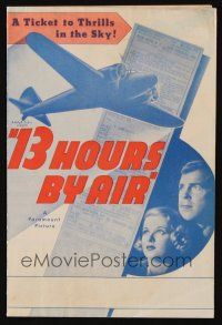 9z333 13 HOURS BY AIR herald '36 Fred MacMurray, Joan Bennett, Zasu Pitts, cool airplane art!