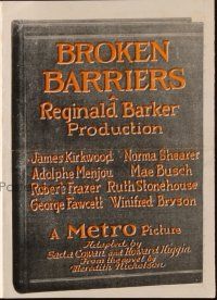 9z358 BROKEN BARRIERS herald '24 James Kirkwood, Norma Shearer, Adolphe Menjou!