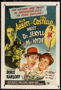 1a242 ABBOTT & COSTELLO MEET DR. JEKYLL & MR. HYDE linen 1sh '53 Bud & Lou, scary Boris Karloff!