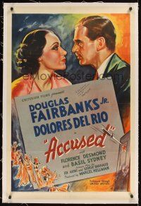 1a244 ACCUSED linen signed 1sh '36 by Douglas Fairbanks, art with him & Dolores del Rio!
