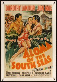 1a253 ALOMA OF THE SOUTH SEAS linen 1sh '41 art of sexy tropical Dorothy Lamour between two guys!