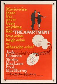 1a257 APARTMENT linen 1sh '60 Billy Wilder, Jack Lemmon, Shirley MacLaine, cool key-in-lock art!