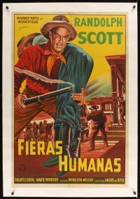 1a158 BOUNTY HUNTER linen Argentinean '54 cool full-length art of tough cowboy Randolph Scott!