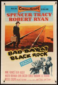 1a260 BAD DAY AT BLACK ROCK linen 1sh '55 Spencer Tracy tries to find out what did happen to Kamoko