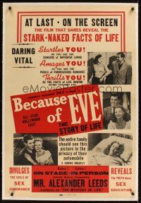 1a262 BECAUSE OF EVE linen drive-in 1sh '48 the stark-naked facts of life, see it in your car!