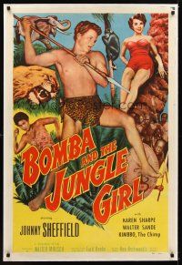 1a273 BOMBA & THE JUNGLE GIRL linen 1sh '53 Johnny Sheffield with spear & sexy Karen Sharpe!