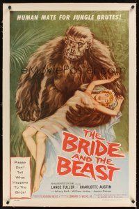 1a275 BRIDE & THE BEAST linen 1sh '58 Ed Wood classic, wacky art of huge ape holding sexy girl!