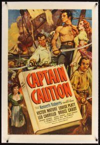 1a280 CAPTAIN CAUTION linen 1sh '40 art of barechested swashbuckler Victor Mature on ship at sea!
