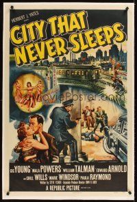 1a293 CITY THAT NEVER SLEEPS linen 1sh '53 great art of gunfight under elevated train in Chicago!