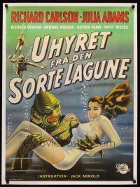 1a079 CREATURE FROM THE BLACK LAGOON linen Danish '55 cool art of monster holding sexy girl!