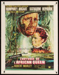 1a113 AFRICAN QUEEN linen French 23x32 R60s colorful art of Humphrey Bogart & Katharine Hepburn!