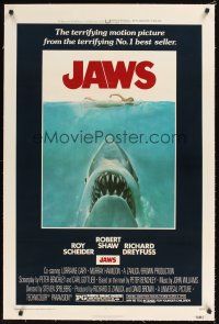 1a396 JAWS linen 1sh '75 art of Steven Spielberg's classic man-eating shark attacking sexy swimmer!