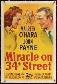 1a418 MIRACLE ON 34th STREET linen 1sh '47 art of Gwenn hugging Natalie Wood, John Payne, O'Hara