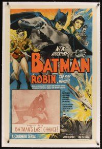 1a428 NEW ADVENTURES OF BATMAN & ROBIN linen chapter 10 1sh '49 he's about to be unmasked in inset!