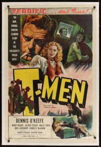 1a504 T-MEN linen 1sh '47 Anthony Mann film noir, cool art of sexy bad girl & man with gun!